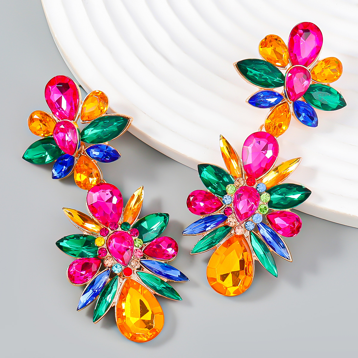 Crystal Flowers Dangle Geometric Earrings  Pendientes Vintage