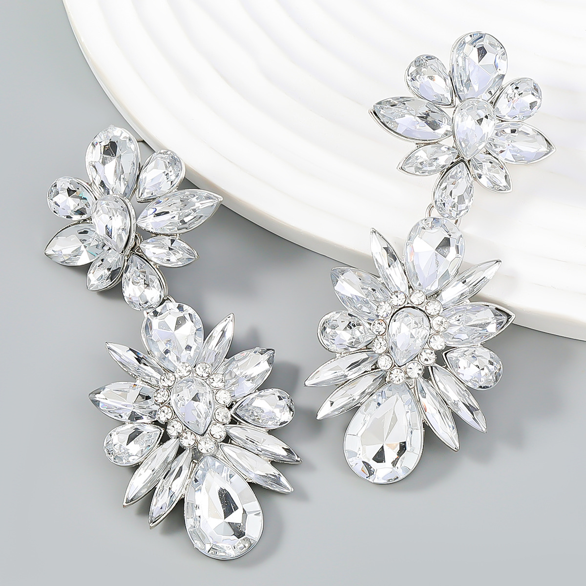 Crystal Flowers Dangle Geometric Earrings  Pendientes Vintage