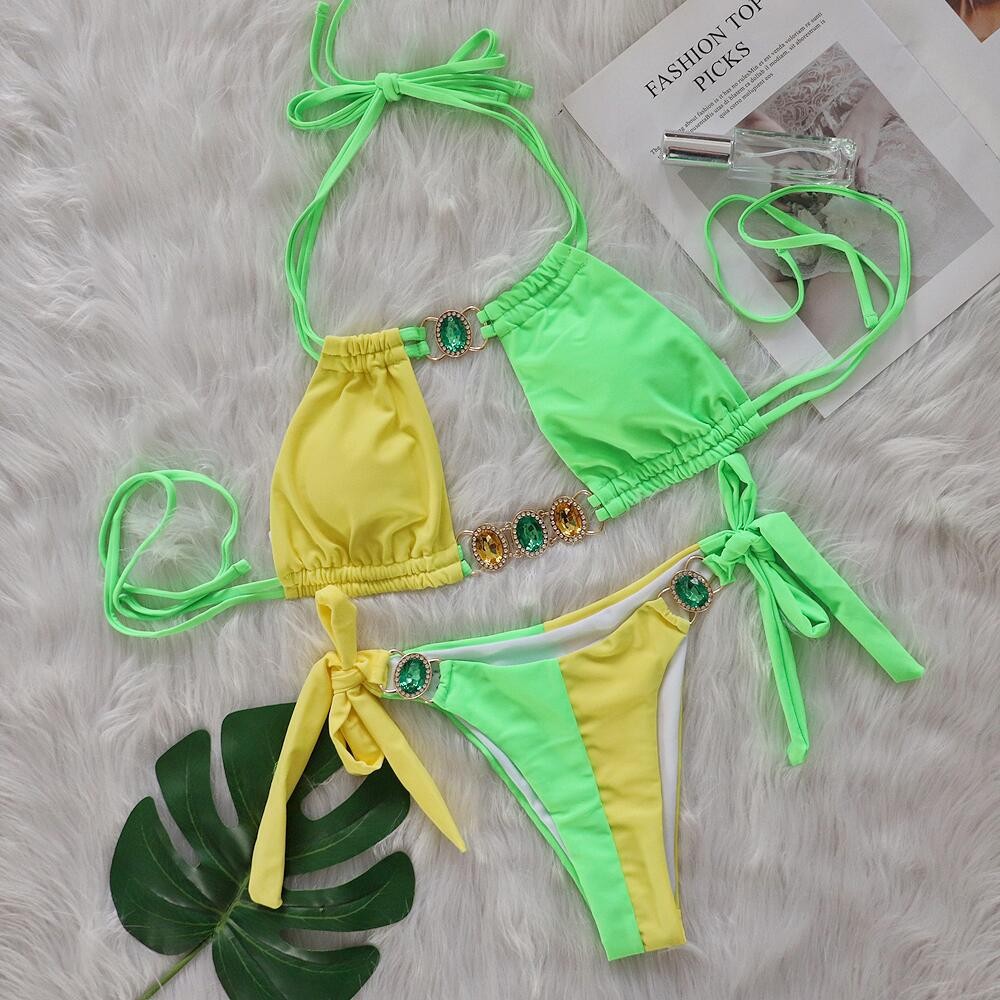 Splicing Halter Jewelled  Hollow Out Bikini