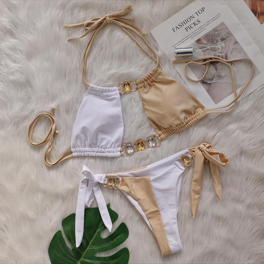 Splicing Halter Jewelled  Hollow Out Bikini