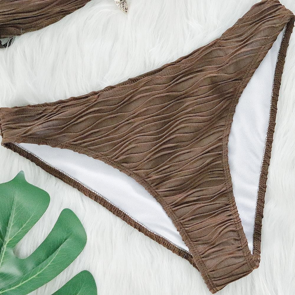 Sexy Brown Ribbed Metal Bikini