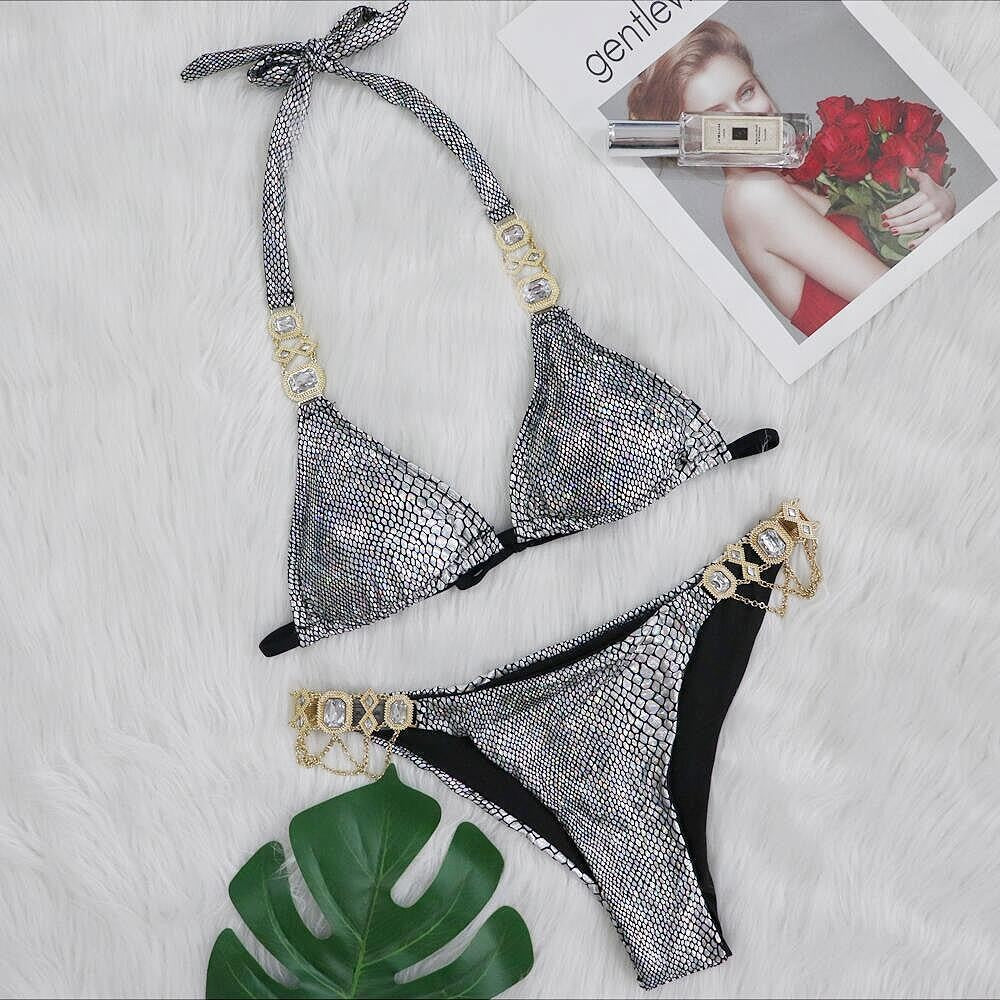 Halter Metal Chains Rhinestone Diamond Bikini set