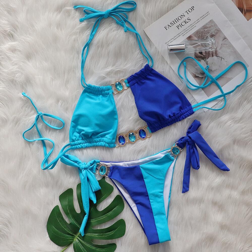 Splicing Halter Jewelled  Hollow Out Bikini