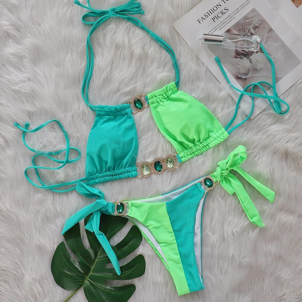 Splicing Halter Jewelled  Hollow Out Bikini