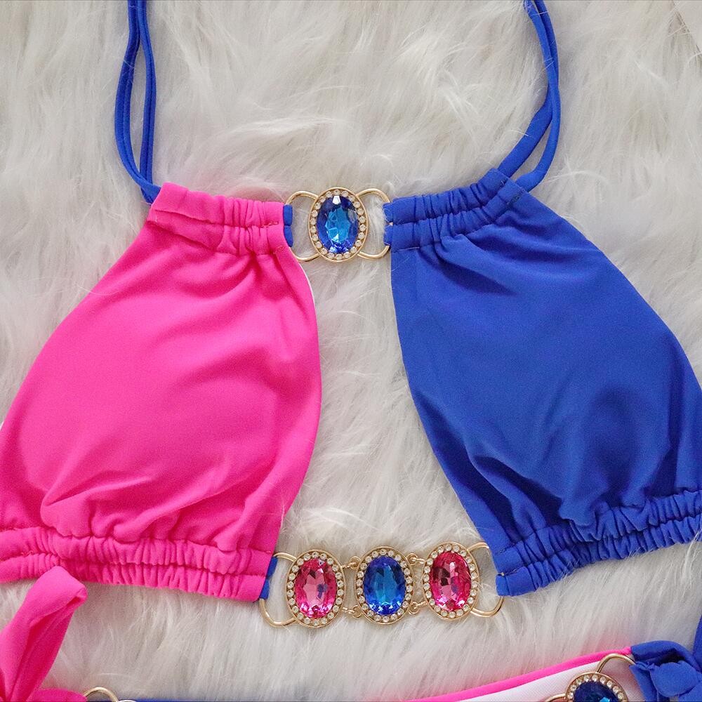 Splicing Halter Jewelled  Hollow Out Bikini