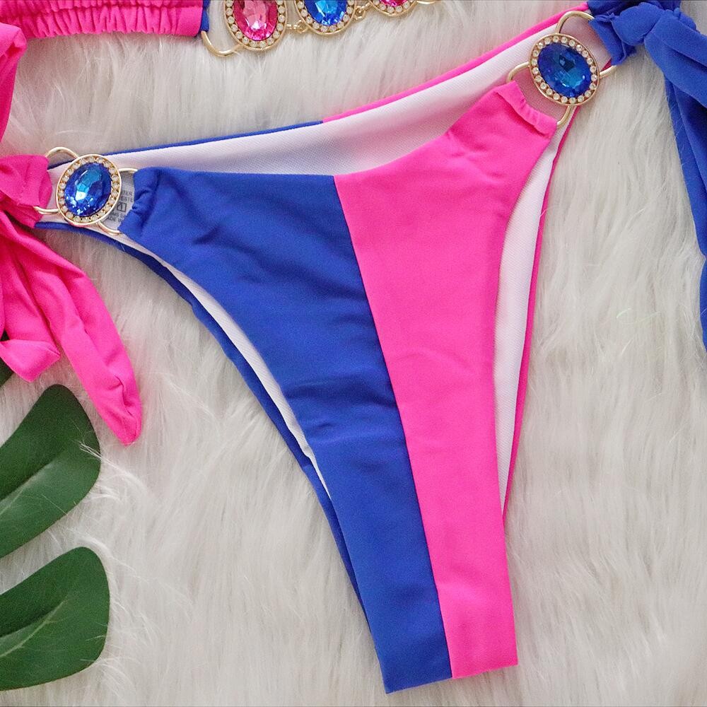 Splicing Halter Jewelled  Hollow Out Bikini