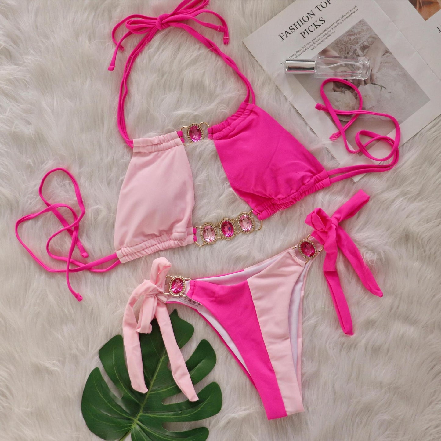 Splicing Halter Jewelled  Hollow Out Bikini
