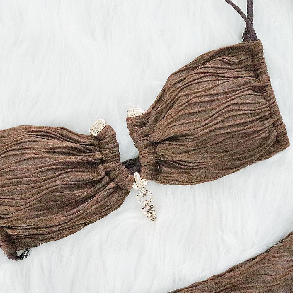 Sexy Brown Ribbed Metal Bikini