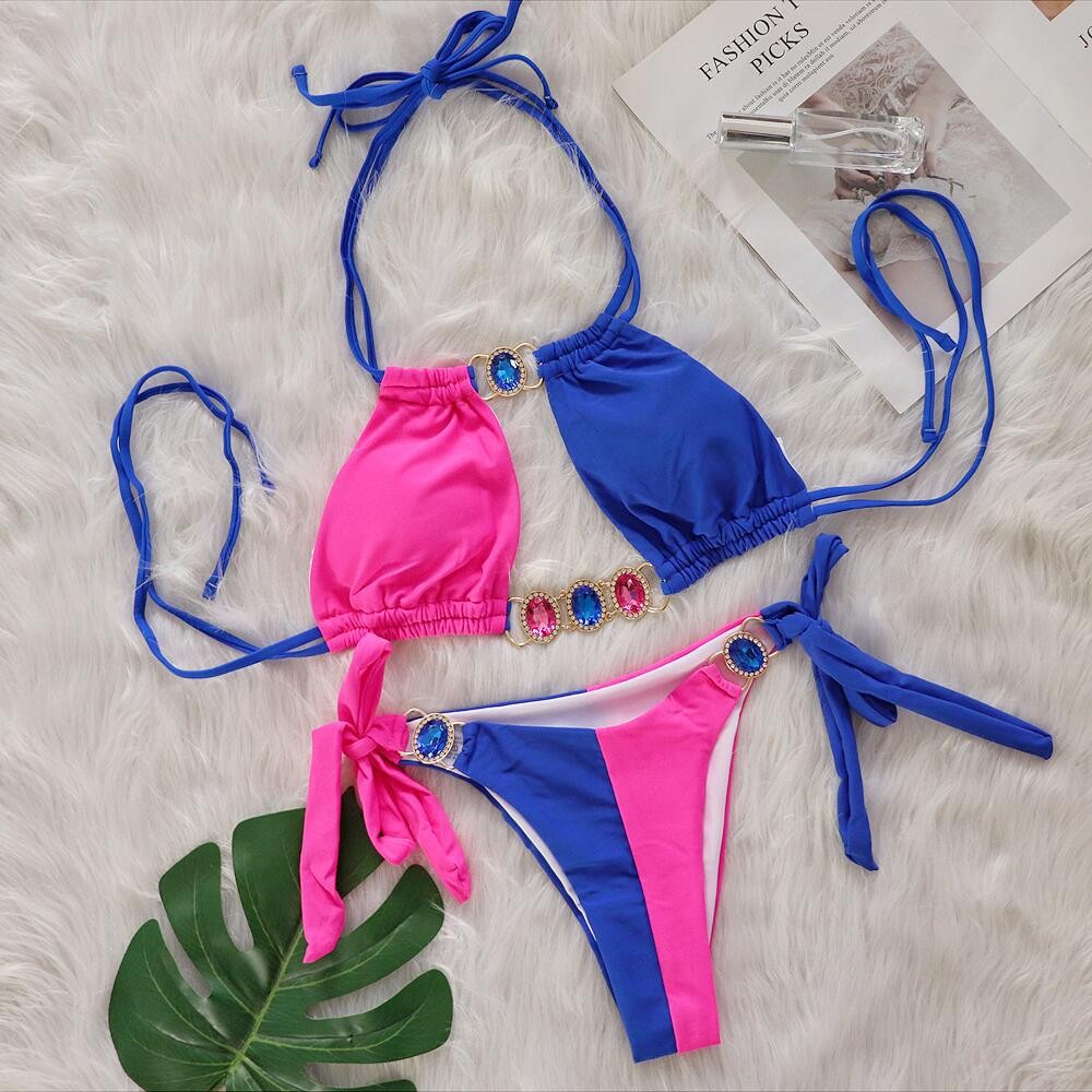 Splicing Halter Jewelled  Hollow Out Bikini