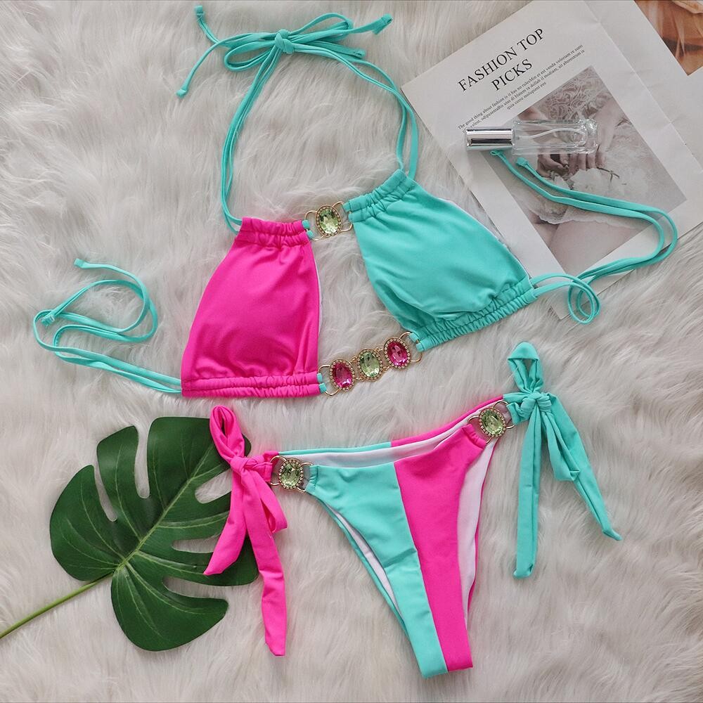 Splicing Halter Jewelled  Hollow Out Bikini