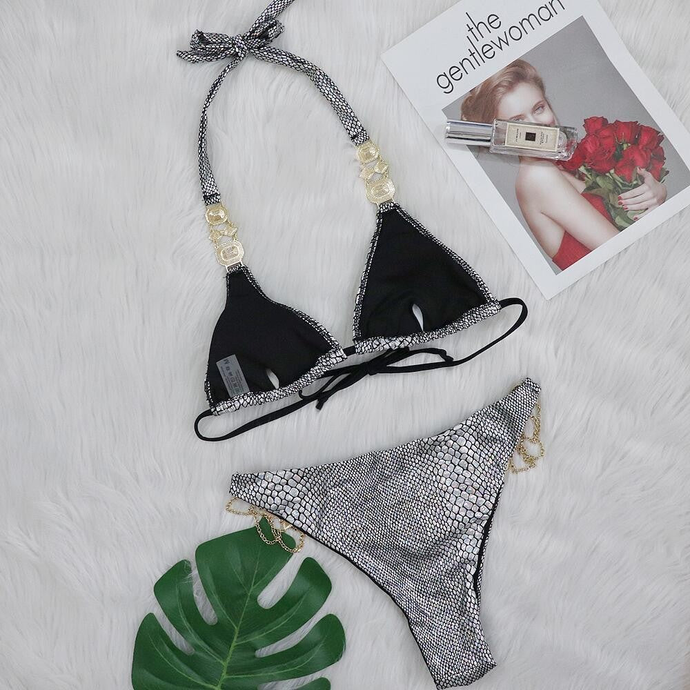 Halter Metal Chains Rhinestone Diamond Bikini set