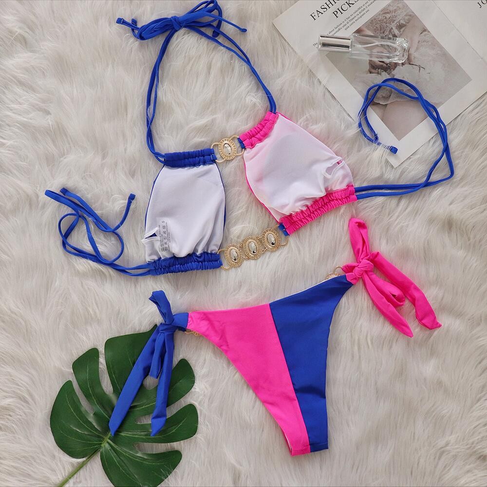Splicing Halter Jewelled  Hollow Out Bikini